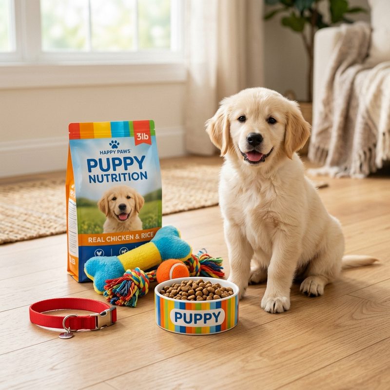 Puppy sitting next to a pile of cash and supplies — the true cost of the first year