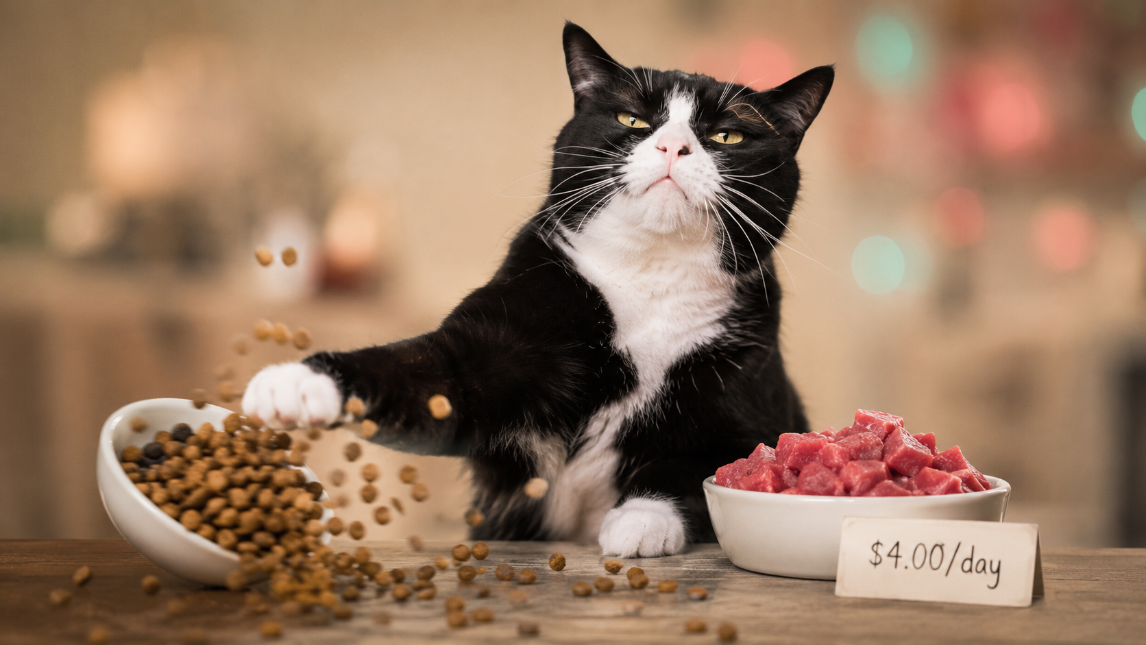 Cat judging three bowls of dog food by price